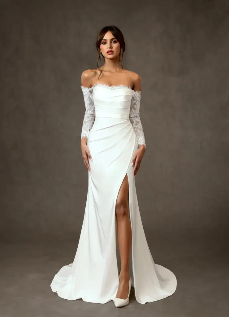 Diamond White Mermaid Sequins Crepe Back Satin Dress for a Luxurious Look