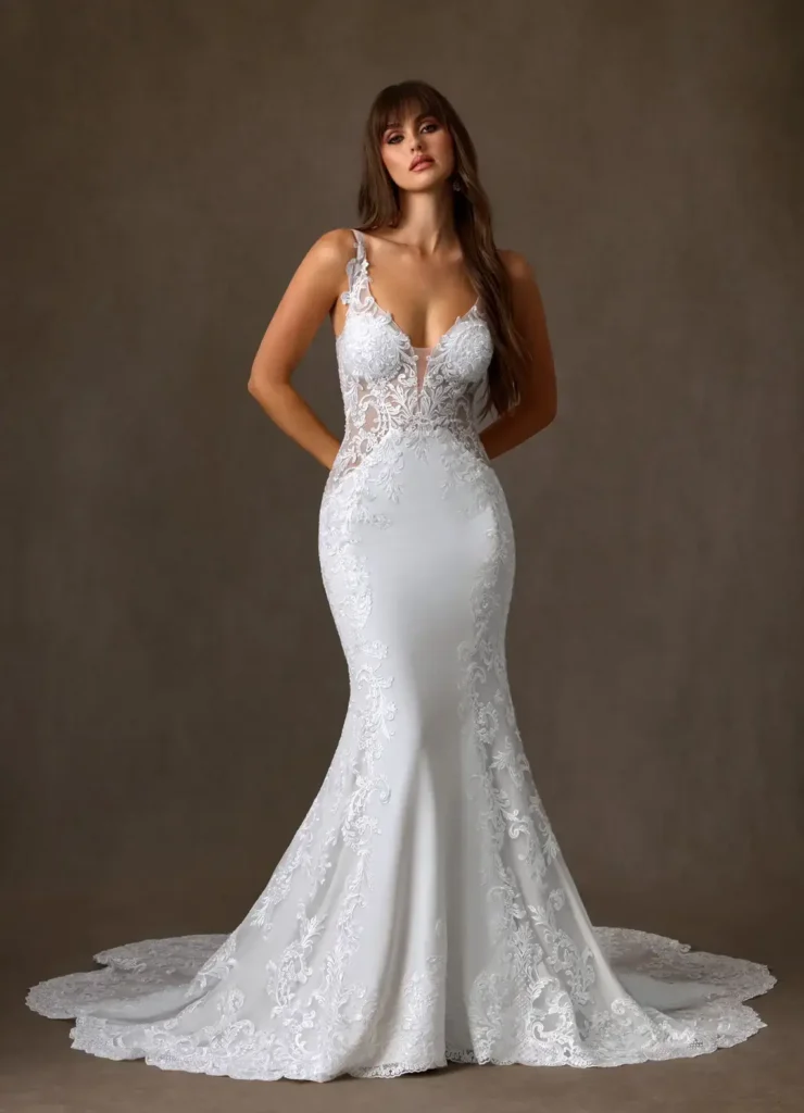 Diamond White Mermaid Sequins Stretch Crepe Dress With a Sleek Fit