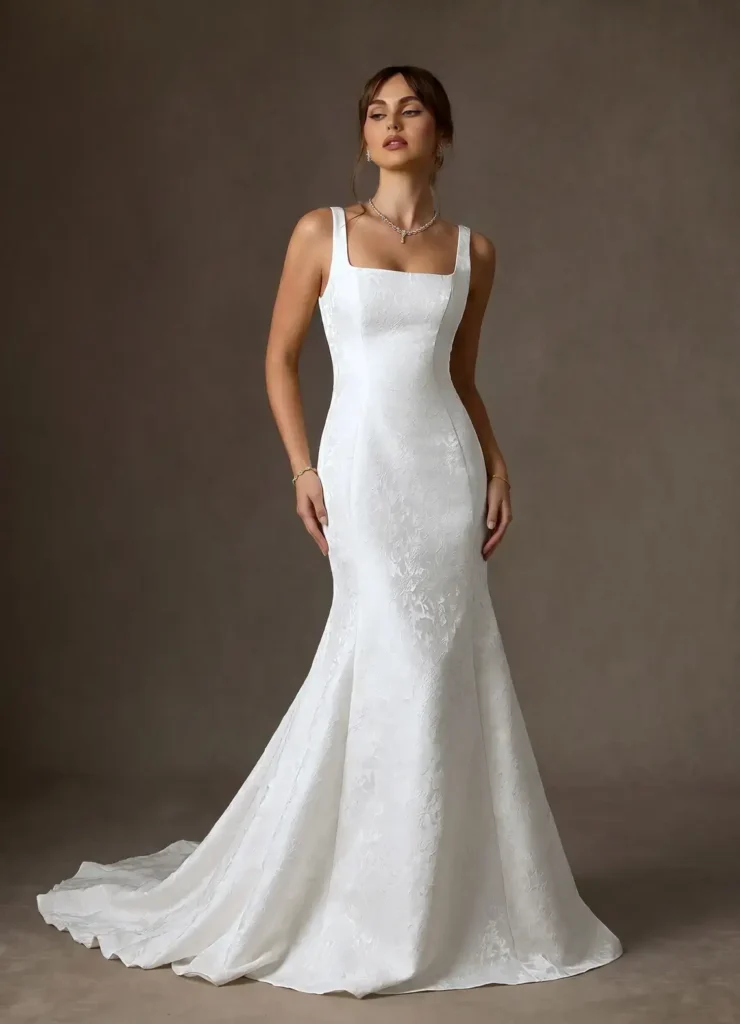 Diamond White Mermaid Square Neckline Floral Jacquard Dress With Elegant Texture