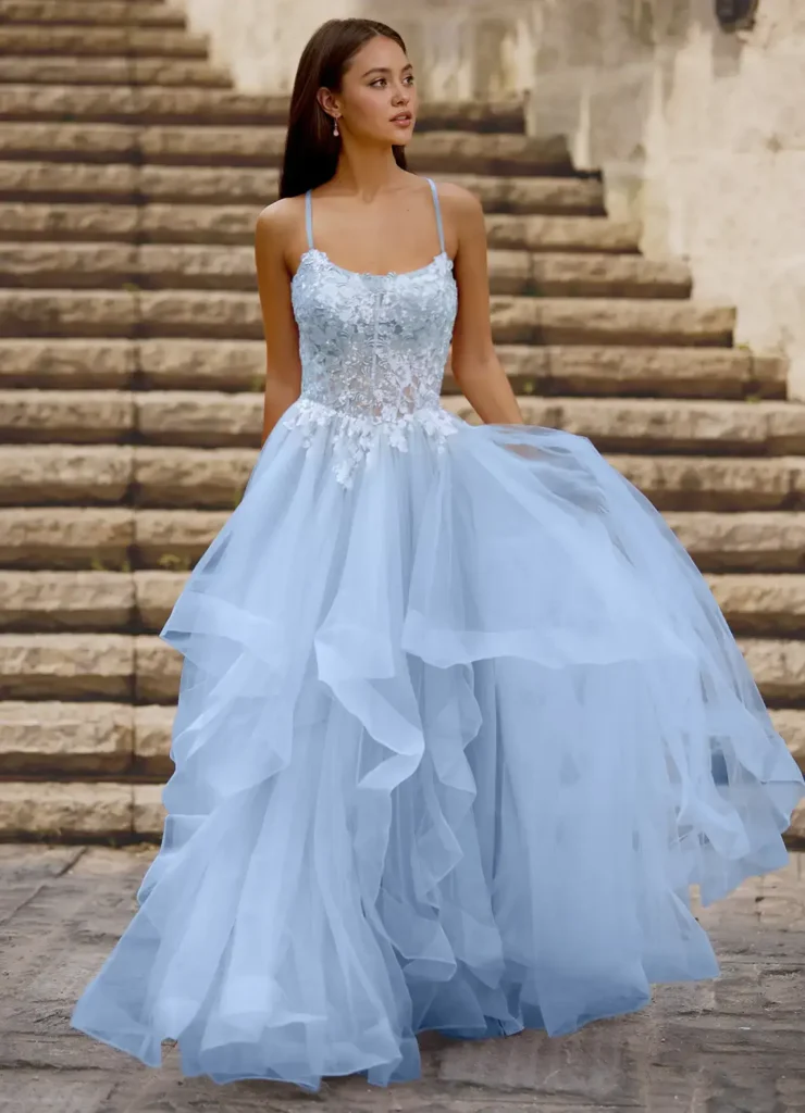Mosaic Blue Ruffle Prom Dress With Romantic Layered Details